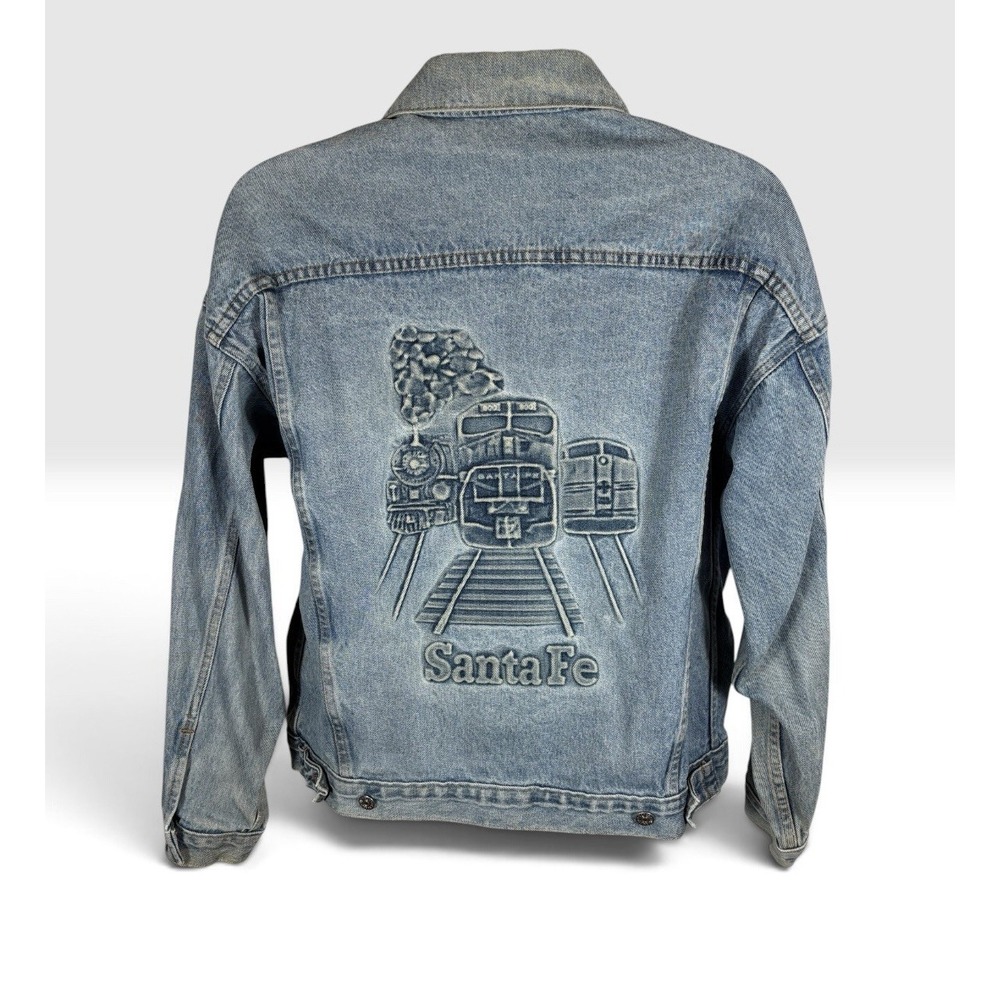 VTG ATSF Railroad Santa Fe Men's Train Denim Embossed Jean Jacket  Med USA -2202